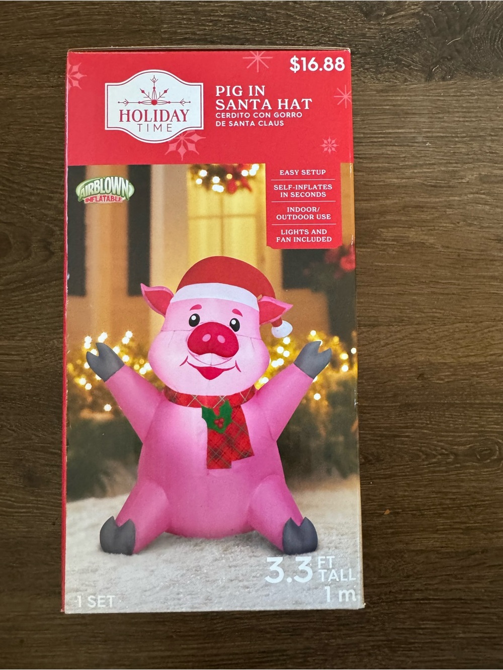 Holiday Time Pink Pig in Santa Hat Inflatable Decoration